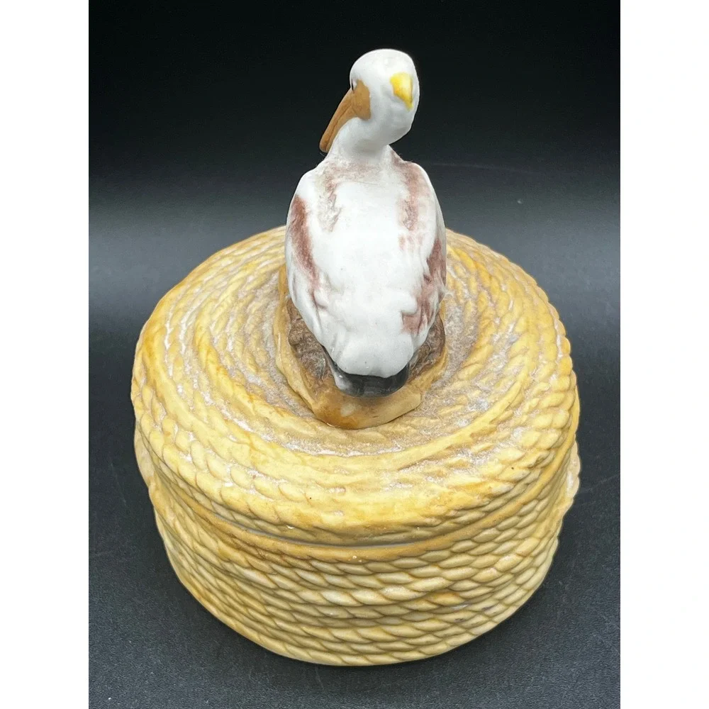 Ceramic Pelican Rope Trinket Box Lid Coastal Nautical Bird Figurine 4.25